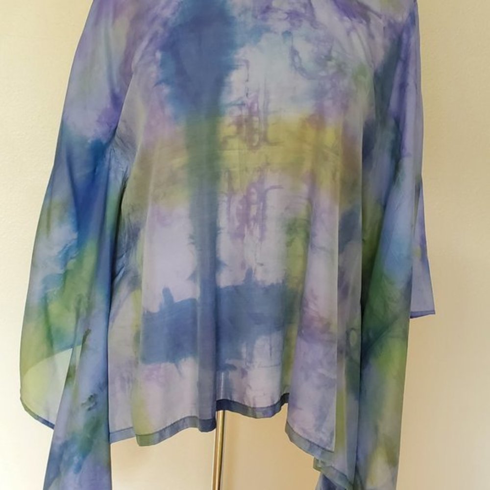 NEW Silk Caftan Kaftan top batwing shirt resort S M L XL green blue painted dyed - Picture 6 of 8